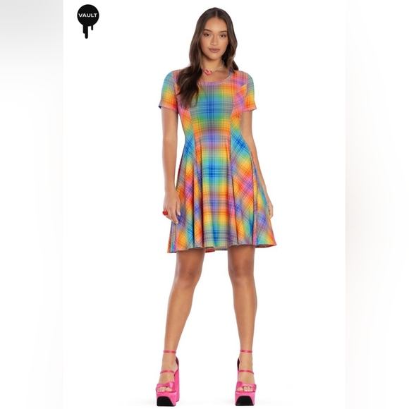 Blackmilk Dresses & Skirts - Blackmilk Tartan Rainbow Scoop Longline Evil Tee Dress